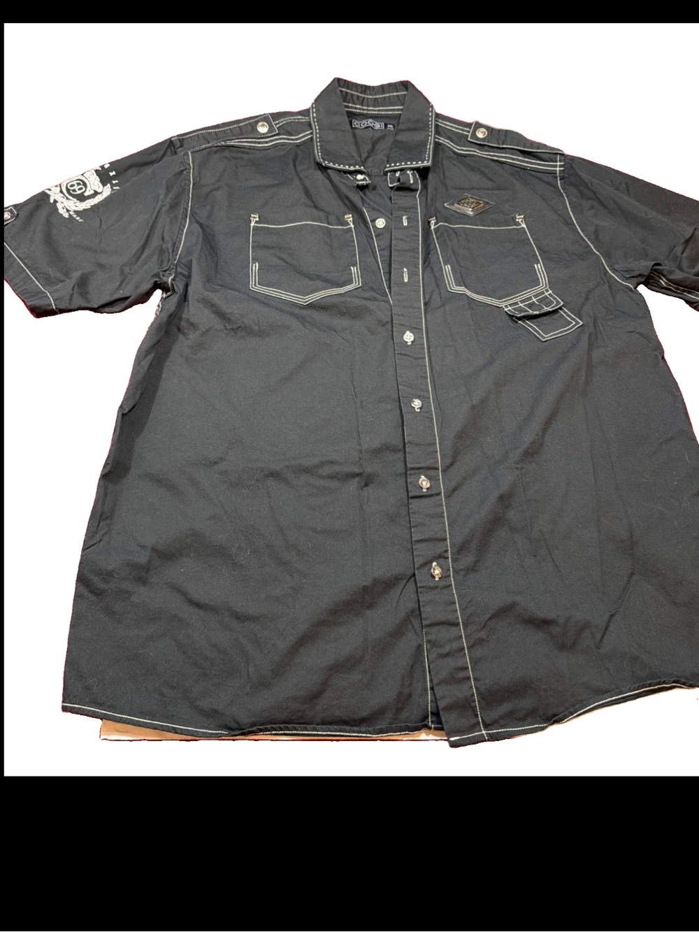 Coogi Black Button front Shirt, Short Sleeves Silver 69 Logo Embroidery Mens 2XL
